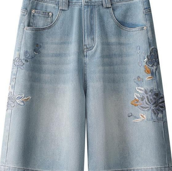 Large Size Light Blue Denim Shorts Women's Summer New Summer Thin High-Waisted Straight-Leg Pants Loose Denim