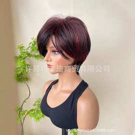 欧美假发女wigs 酒红色短发全帽假发 玫瑰网高温丝全机制假发批发