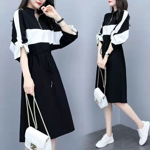 Loose-fitting waisted color-blocked patchwork casual summer dress for stylish ladies, wind-blown long sleeveless gown