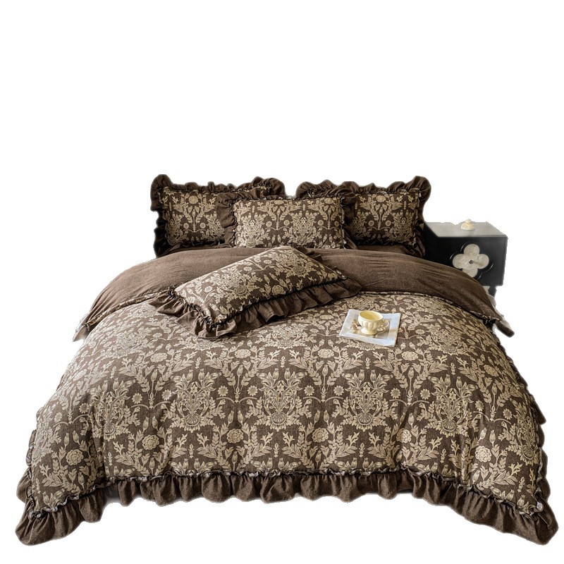 Conjunto de cama de quatro peças em estilo nórdico francês vintage boho com estampa floral francesa, linho lavado vintage com acabamento em renda, inclui capa de edredom e lençol de baixo com elástico._voghion.com