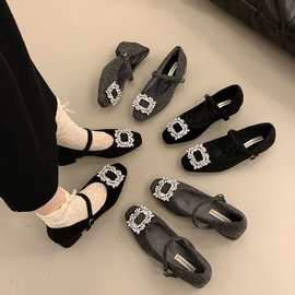 晚风灰色毛呢小香风玛丽珍鞋方头水钻高跟鞋加绒保暖浅口粗跟单鞋