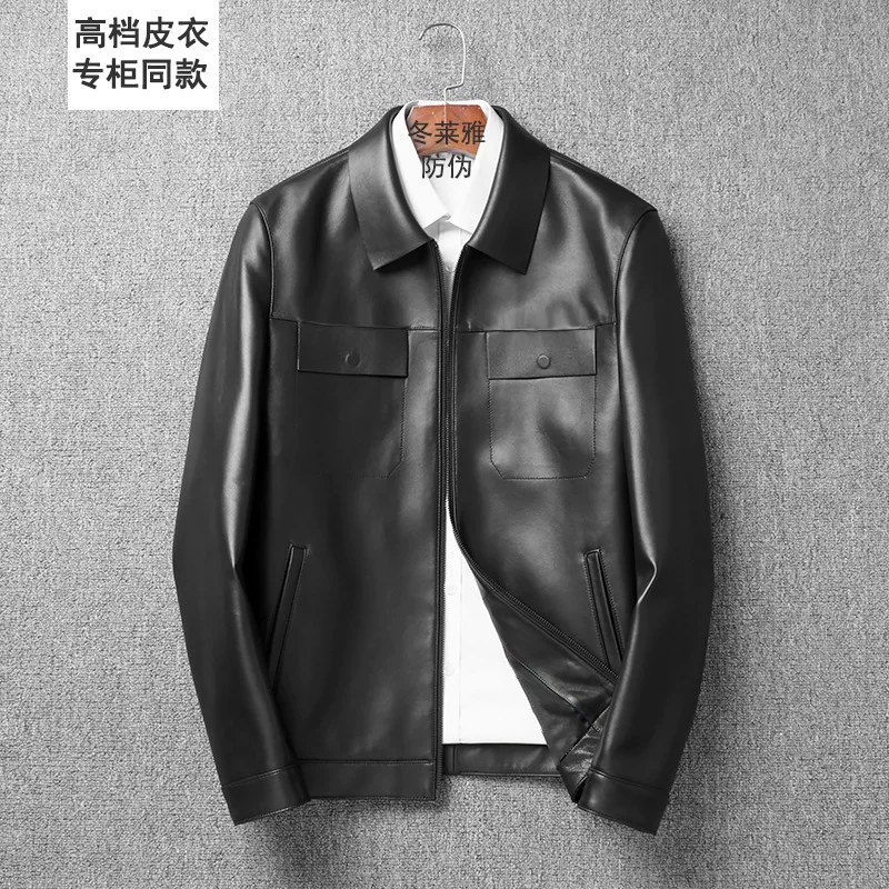Black jacket for leisure, genuine leather, for middle age