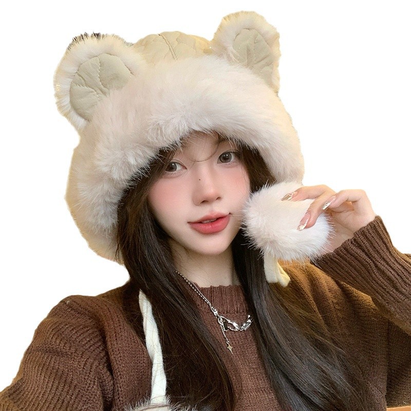 Bonito oso orejas gorra de peluche para mujeres otoño y invierno cara pequeña gorra de vello gruesa para montar en bicicleta a prueba de viento