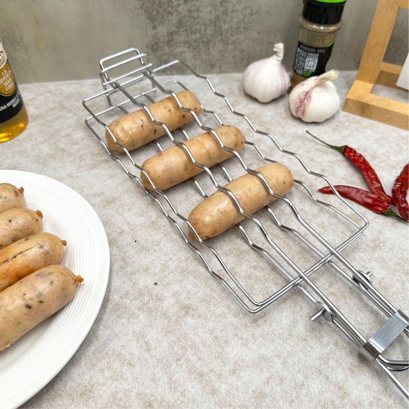 Parrilla de acero inoxidable para barbacoa, parrilla para salchichas y hot dogs, parrilla desmontable y plegable para jamón y salchichas, parrilla para barbacoa al aire libre.