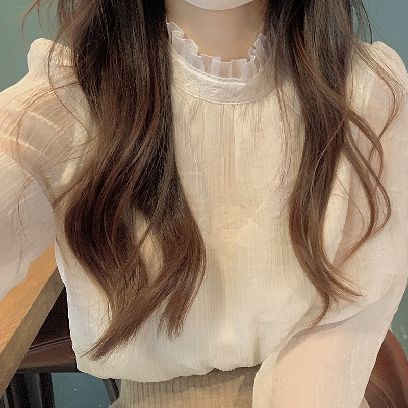 白色蕾丝打底衫女春秋春秋设计感小众网纱雪纺衫上衣长袖内搭衬衫|undefined