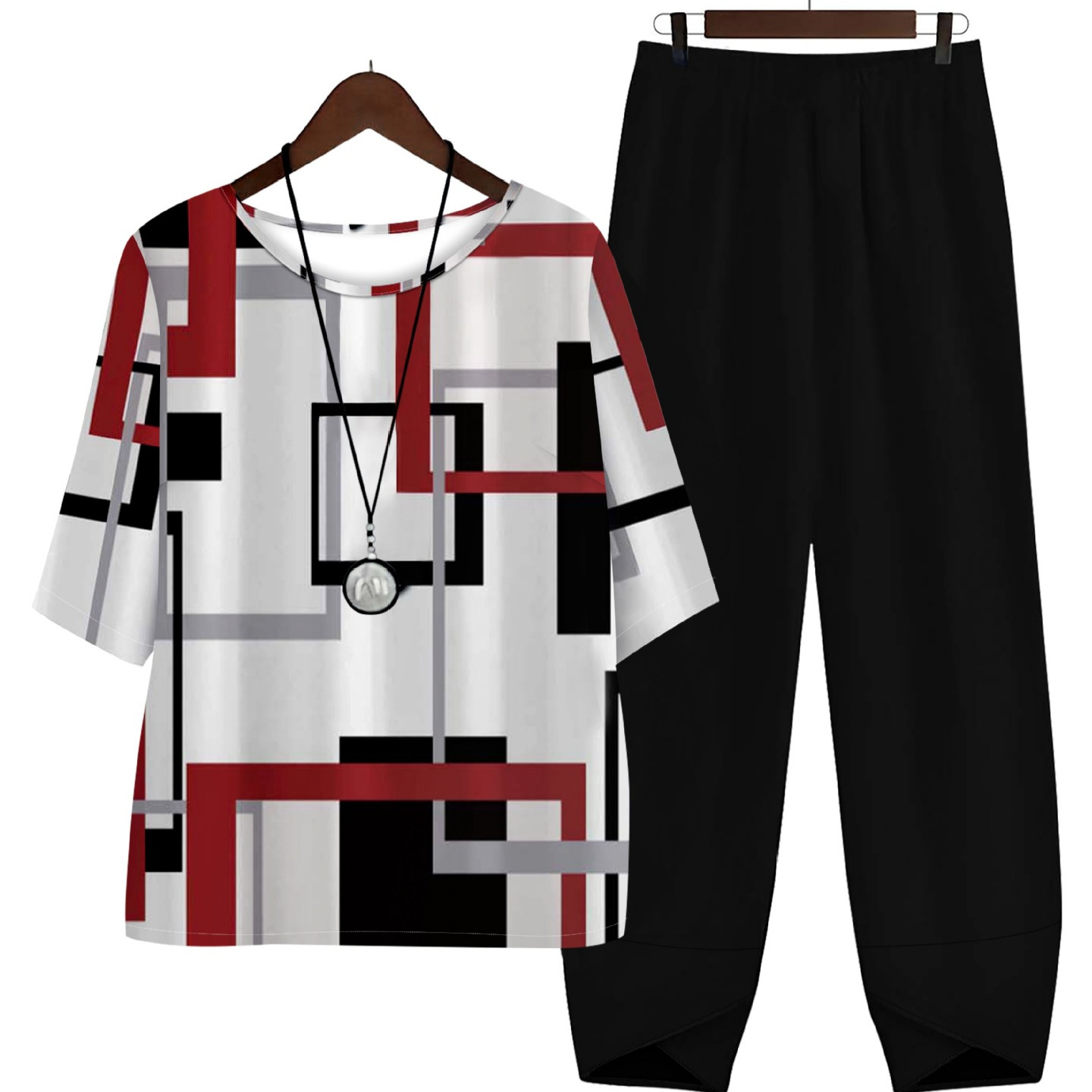GraceChic GraceChic GraceChic Europäische und amerikanische grenzüberschreitende, heiß begehrte Plus-Size-Damen-Freizeitkleidung mit geometrischem Print, Kurzarm + einfarbige Hose_voghion.com