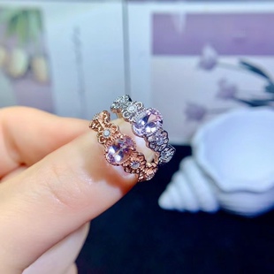 S925 sterling silver inlaid natural morganite ring fashion niche design oval 5*7mm wholesale