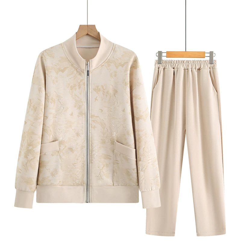 Мама среднего возраста пальто весна и осень новый средний и пожилой осенний спортивный костюм костюм женский иностранный осенний топ набор из двух частей