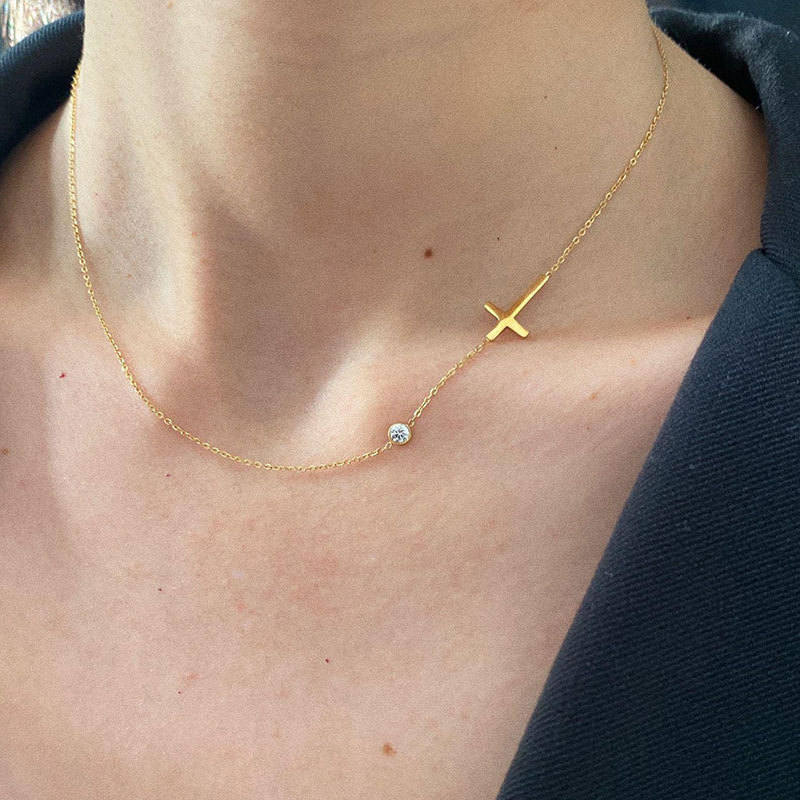 Cross Pattern 304 Stainless Steel Zircon Cross Cable Chain Pendant Necklace