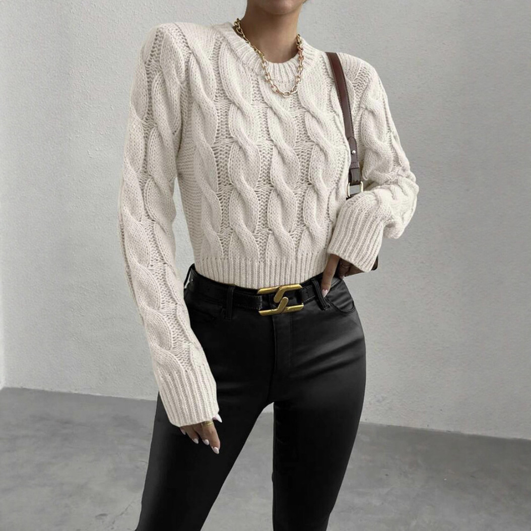 Streetwear Knit Sweater Women’s Oversized Cable Pullover – Winter Trendy Drop-Shoulder Jumper In Black/White/Taupe (S-XL)_voghion.com