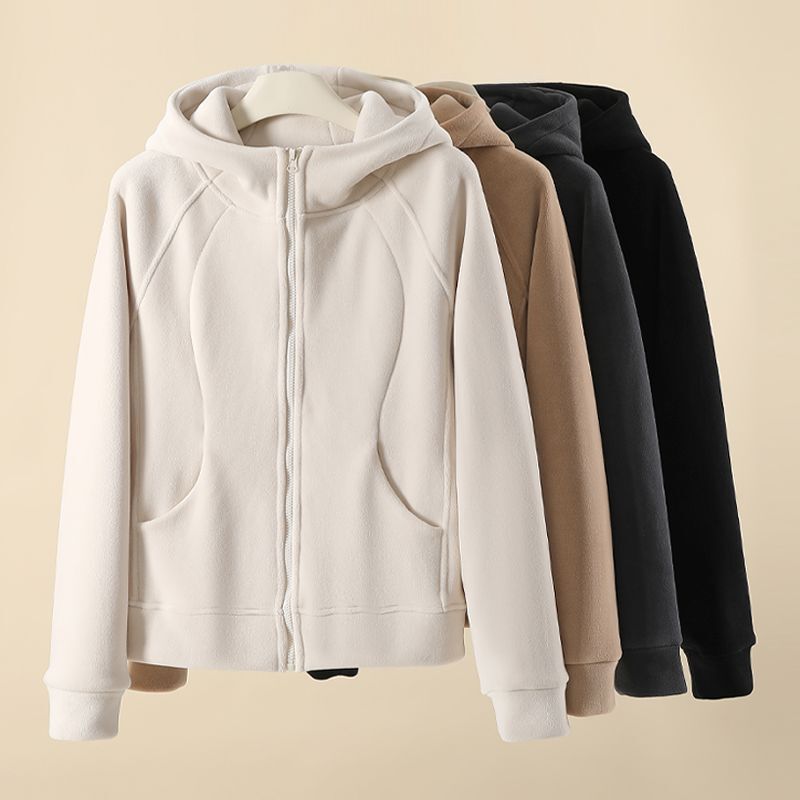 Double-Sided Polar Fleece Sports Short Jacket for Women Autumn and Winter 2024 New Velvet Loose Hooded Jacket Warm Top
