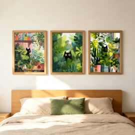 跨境绿植黑猫装饰画现代简约客厅三联挂画小清新植物插画卧室壁画