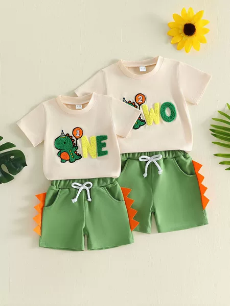 Ins Foreign Trade Fashion Summer New Boys' Suit Dinosaur Embroidered Short-Sleeved Top Shorts Birthday Two-Piece Set