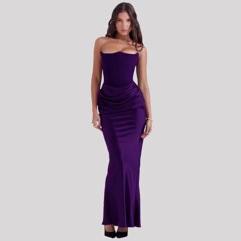 European and American Women's Solid Color Satin Pleated Slim-Fit Long Dress, Elegant Gown for Evening Parties and Formal Occasions