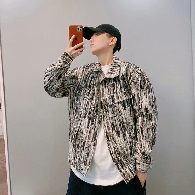 Otoño nueva moda nacional High Street pareja azul y blanco pintura al óleo pesada suelta Chaqueta corta para hombres