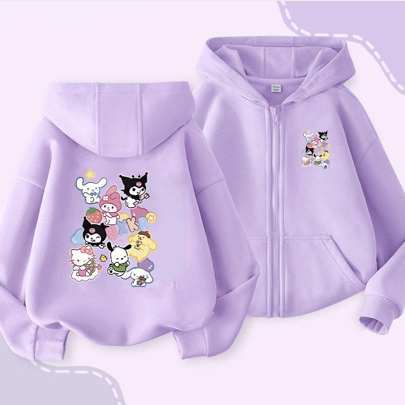 Sanrio Autumn and Winter Girls' Zipper Coat Spring 2024 New Western Style Children's Middle and Big Children's Hooded Cardigan Sweater