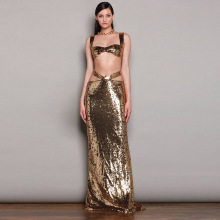 外贸高端欧美女装时尚性感亮片裙子套装裹胸小背心包臀长裙两件套