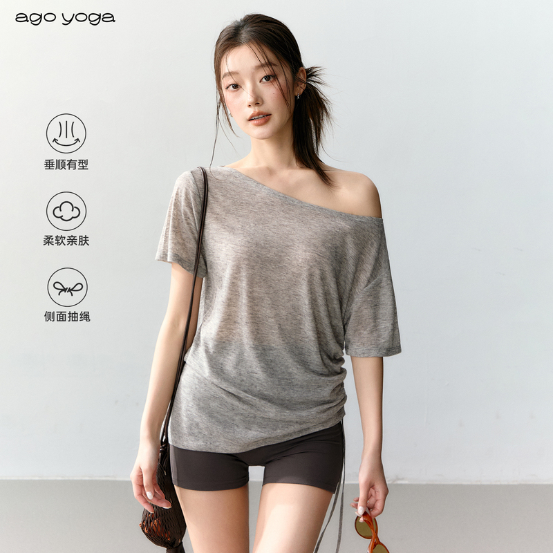 Loose-fitting yoga top, women's running and casual athletic shirt, Pilates training top, asymmetrical shoulder design, short-sleeved fitness top Loose-fitting yoga top, women's running and casual athletic shirt, Pilates training top, asymmetrical shoulder design, short-sleeved fitness top