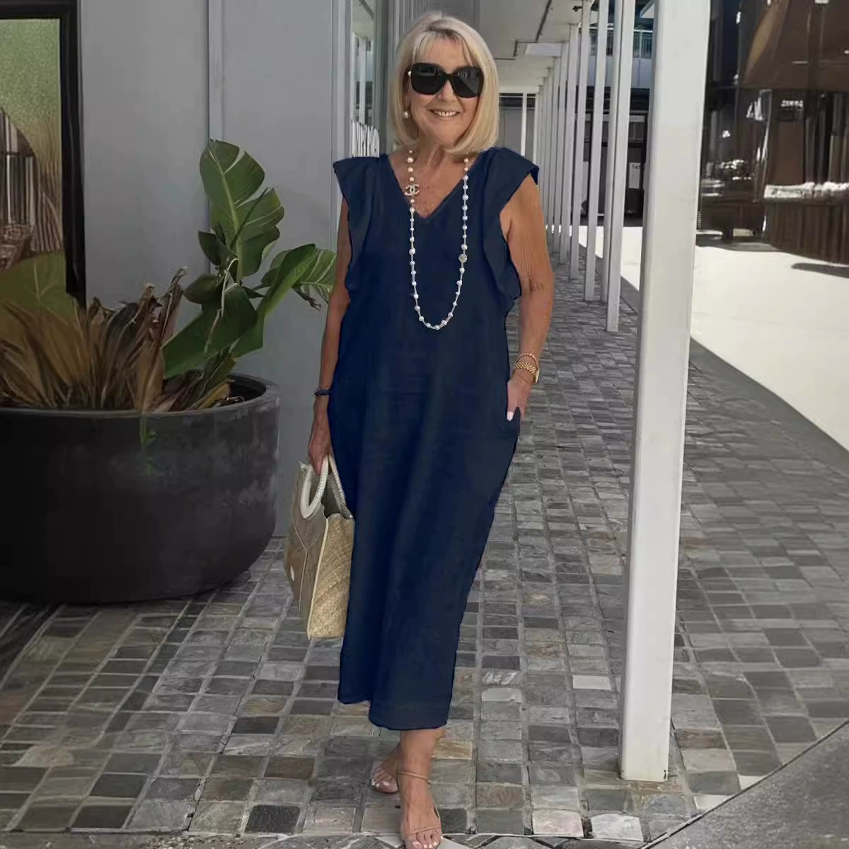 Трансграничная женская одежда Amazon 2024, Европейская и американская трансграничная Новая летняя хлопковая льняная юбка с ремешком на спине и летним рукавом