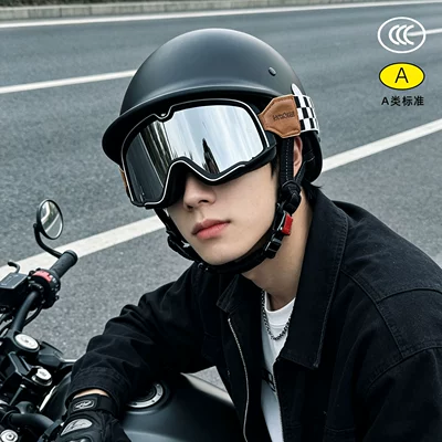 Motosiklet kaskı (dəbilqə), Retro Helmet for Cruising - matt-black-large-frame-goggles-m55-56cm