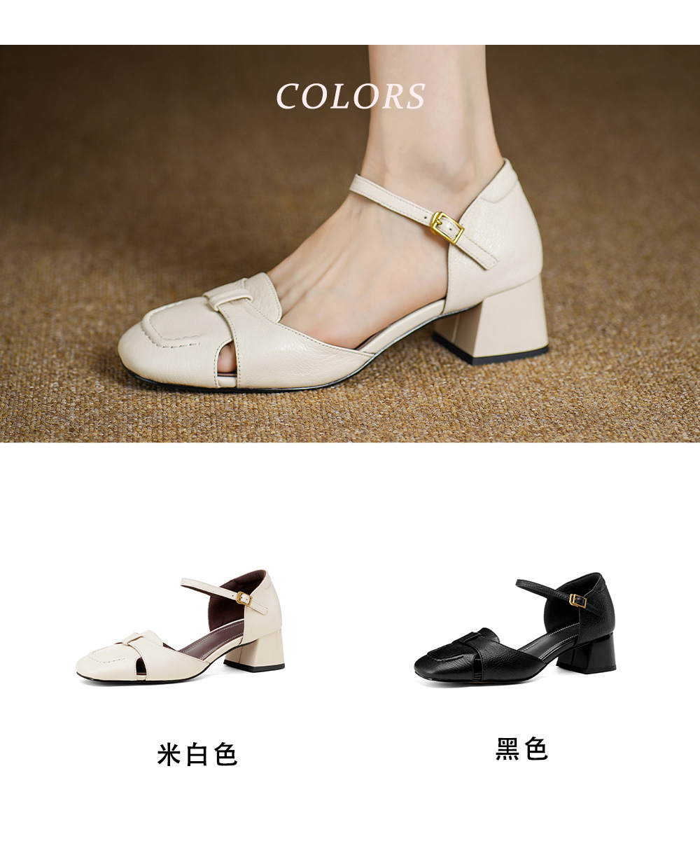 Sandal nữ da dê chạm trổ hoa văn, gót vuông 4,5 cm, mũi vuông hở mũi — đen chi tiết 6