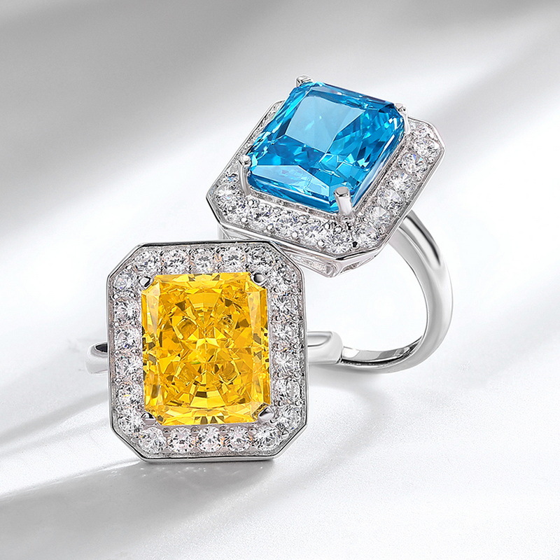 Wilsheng transfronterizo especial S925 plata llena de diamantes con incrustaciones de mujeres anillo rectangular de hielo corte flor aguamarina anillo de diamantes de alto carbono