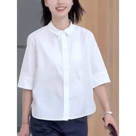 白色翻领短袖衬衫女2026年夏季新款简约宽松休闲气质百搭通勤上衣
