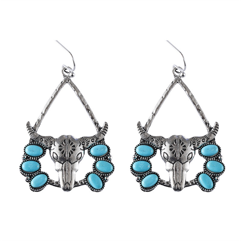 Plating, Inlay Design 1 Pair Classical Ethnic Style Bull Head Plating Inlay Zinc Alloy Turquoise Drop Earrings