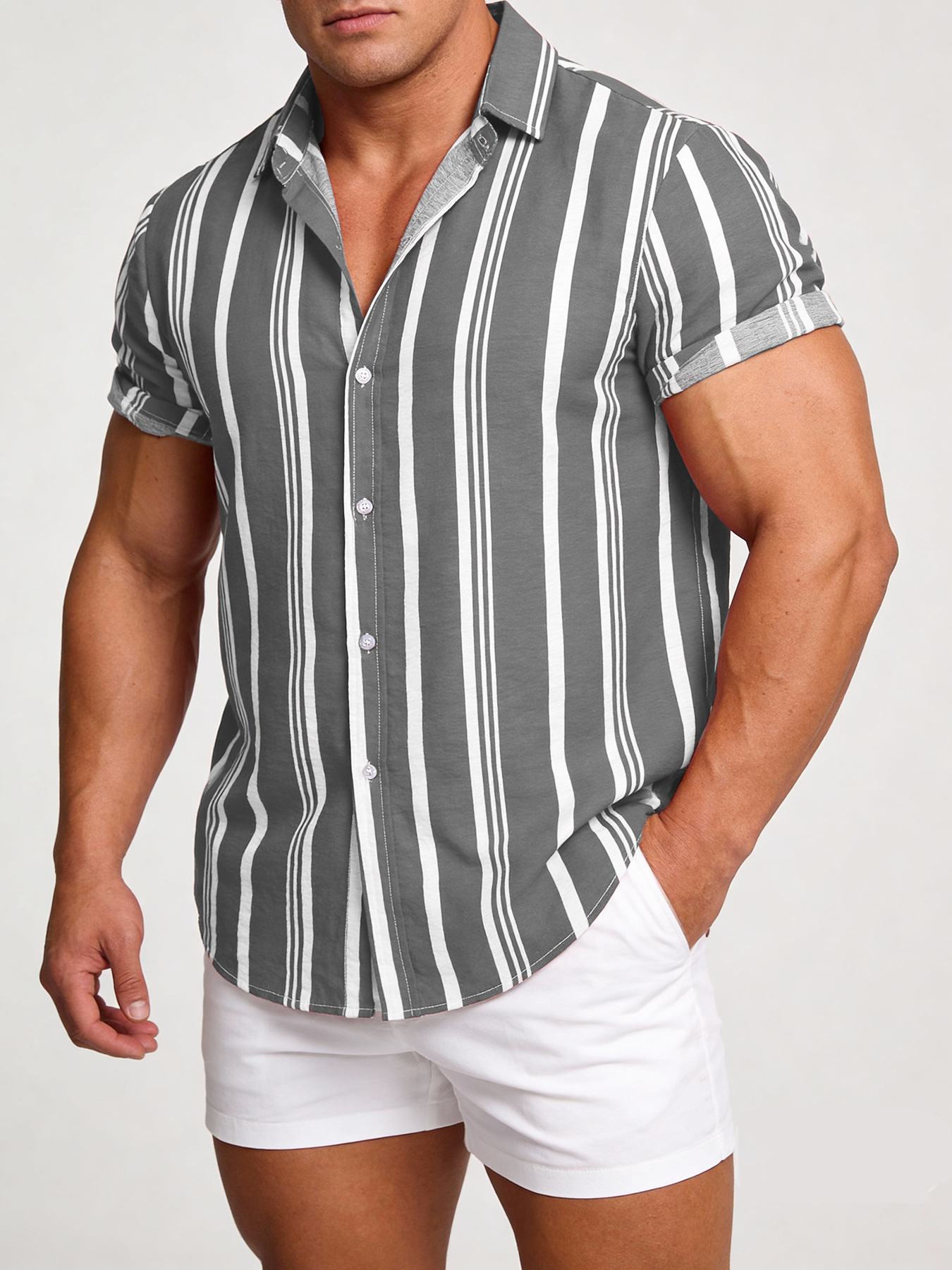 Ropa Masculina Transfronteriza, Primavera-Verano 2026, Nuevas Camisas para Hombre, Camisas Casuales de Manga Corta con Estampado de Rayas para Hombre