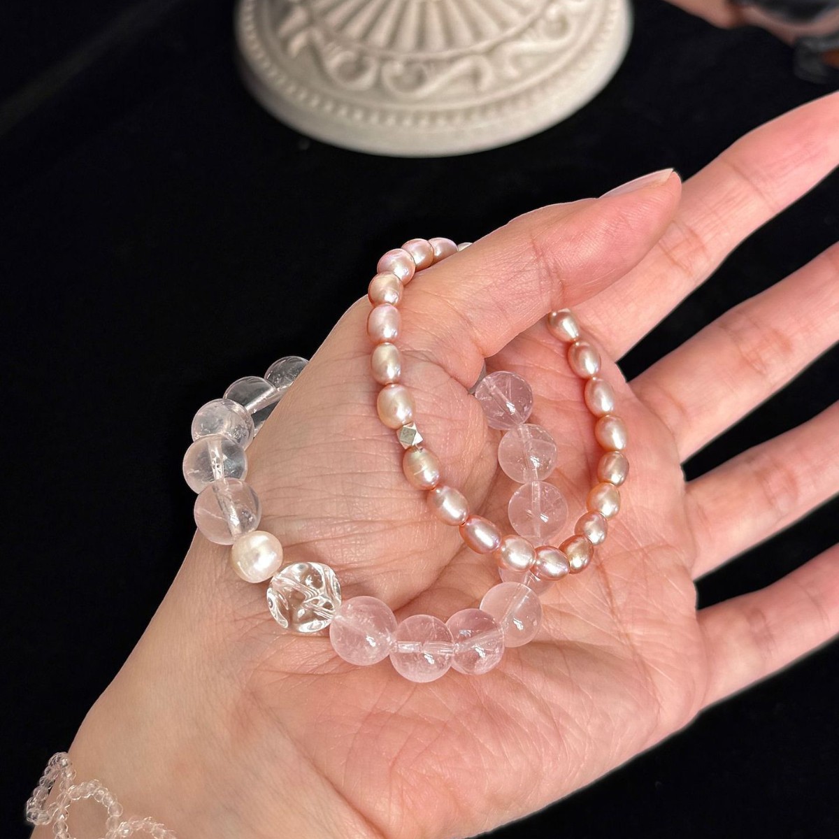春季橘粉色系天然淡水珍珠天然粉晶白水晶叠戴百搭少女感甜美手串