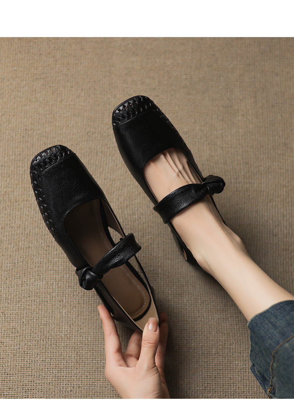 Sandal nữ mũi nhọn da dê đục lỗ gót thấp 2 cm, miệng nông hở mũi — đen chi tiết 10