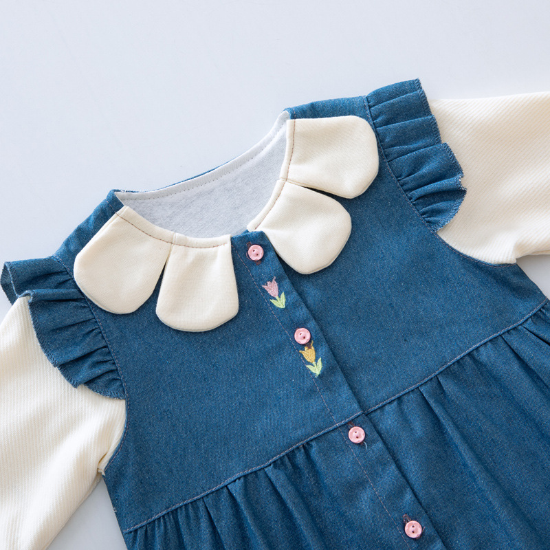 Estilo occidental bebé niña primavera y otoño mono recién nacido doble capa Denim mameluco 0-1 años de edad dulce lindo moda lindo mameluco