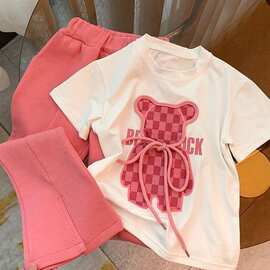 女童短袖运动套装网红洋气卡通时髦女孩休闲喇叭裤儿童两件套韩版