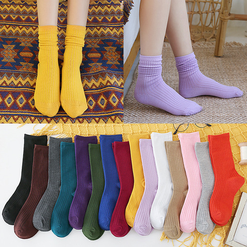 Autumn and winter women's solid color cotton socks Japanese retro pile socks full vertical pattern mid-length trendy socks wholesale