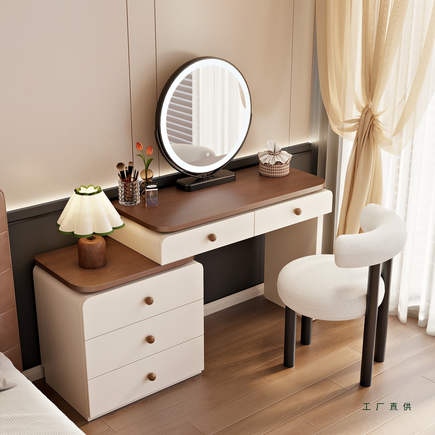 中古奶油风梳妆台卧室现代简约2025新款实木斗柜收纳柜一体化妆桌