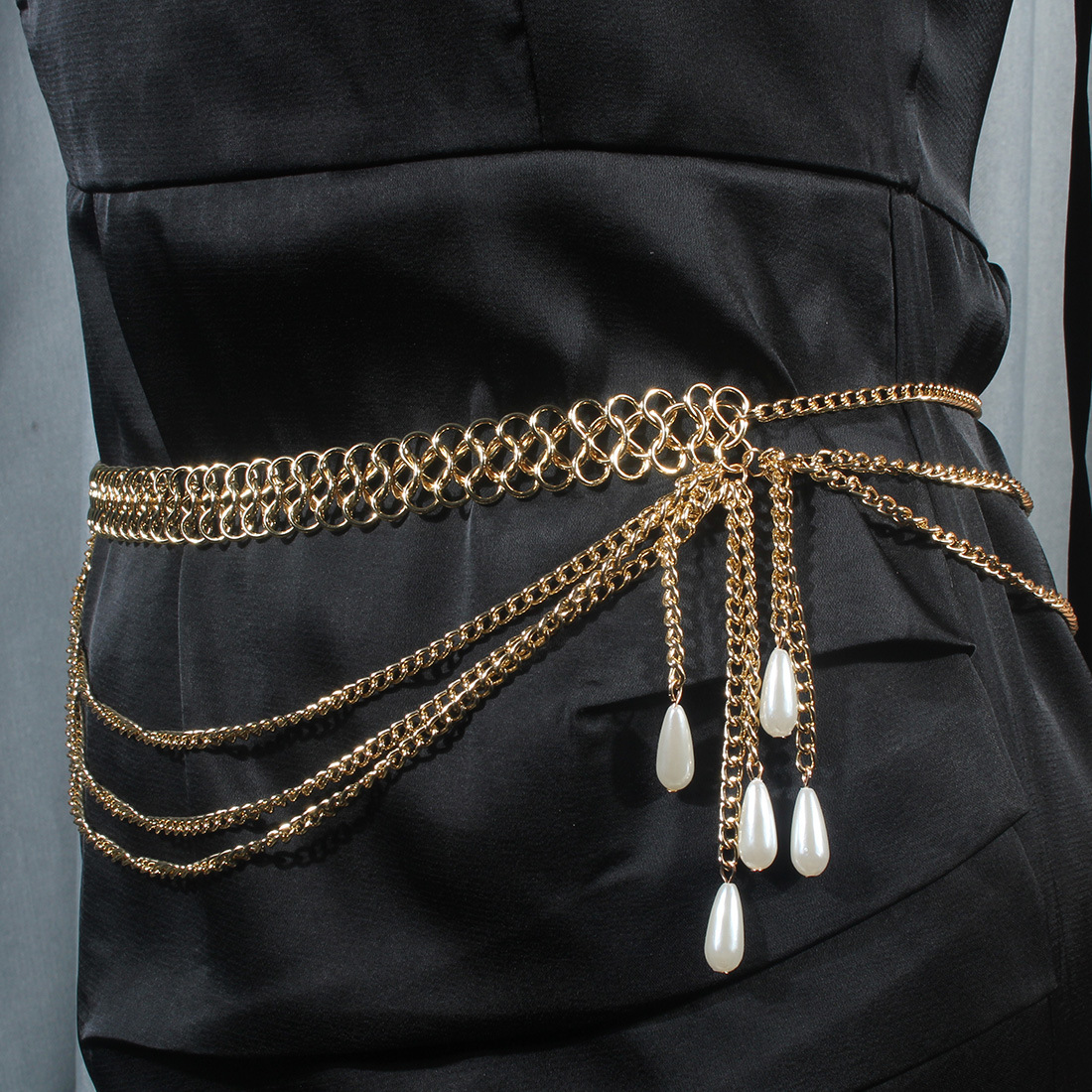 European and American cross-border minimalist multi-layer personalized retro body chain, exaggerated geometric pearl teardrop-shaped waist chain 19680