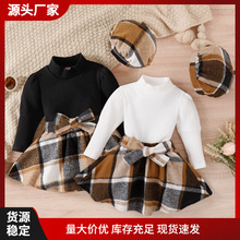 亚马逊ins秋冬新爆款小童坑条高领上衣格子短裙帽子学院风童套装