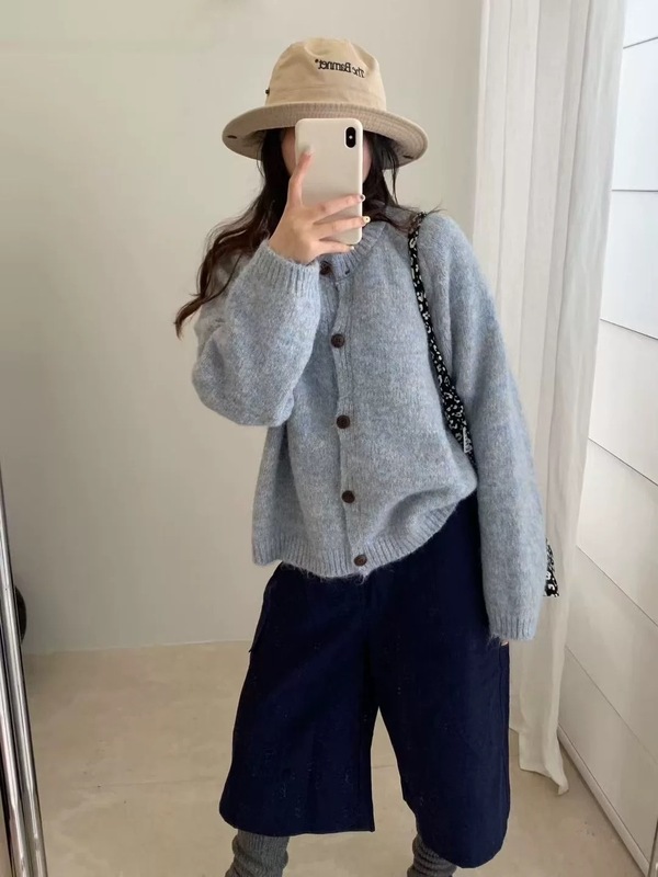 彩纱韩系百搭少女风圆领针织开衫外套秋冬新款时尚减龄毛衣上衣女|undefined