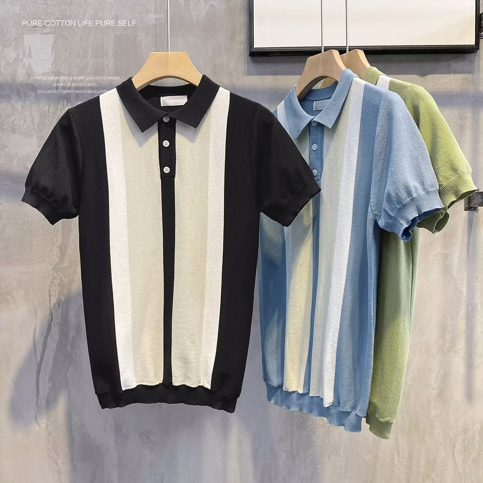 Summer new knitted short-sleeved Ice Silk contrast color white collar work fashion trendy all-match casual polo shirt for men