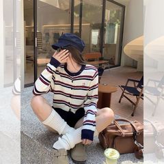 复古小狗刺绣条纹单排扣针织开衫女秋冬季设计感百搭显瘦打底上衣