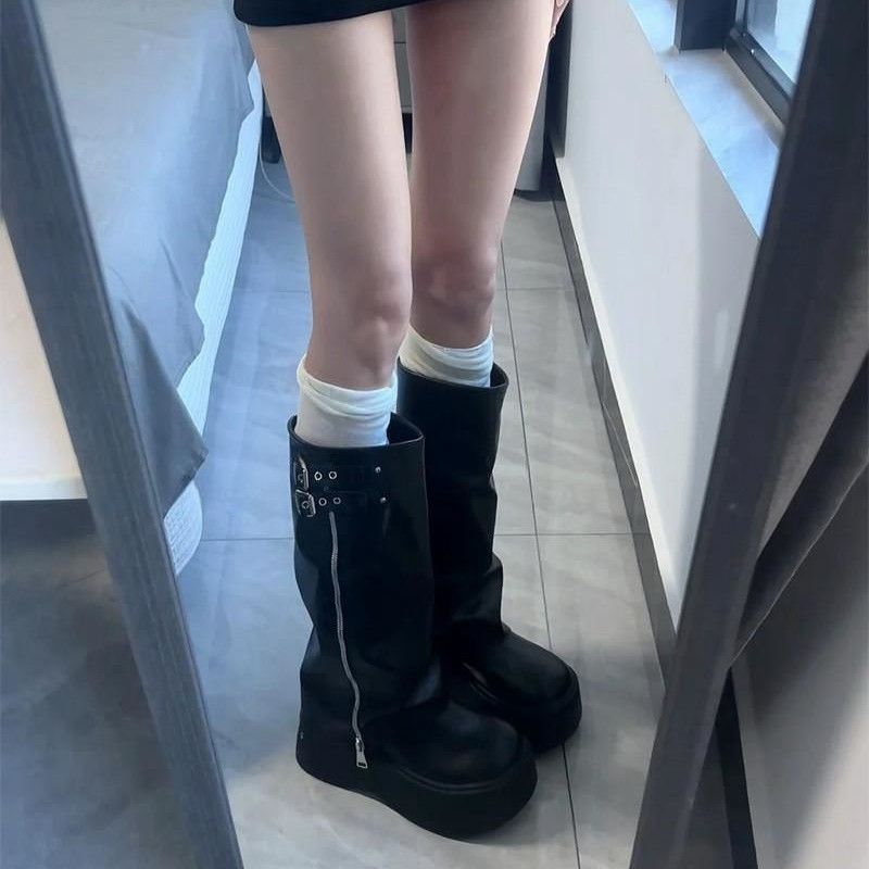 大头裤管靴女甜酷风堆堆靴厚底松糕西部靴不过膝长靴高筒骑士靴男|undefined