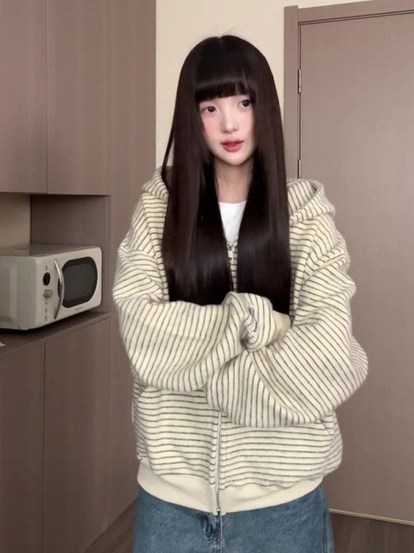 美式独特条纹连帽卫衣女2025新款春秋宽松慵懒风拉链外套ins潮|undefined