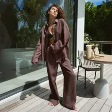 欧美外贸2025新款女装时尚休闲宽松长袖衬衫绑带长裤两件套套装女