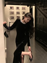 胖法式复古名媛气质丝绒连衣裙女装秋季御姐风性感收腰开叉长裙