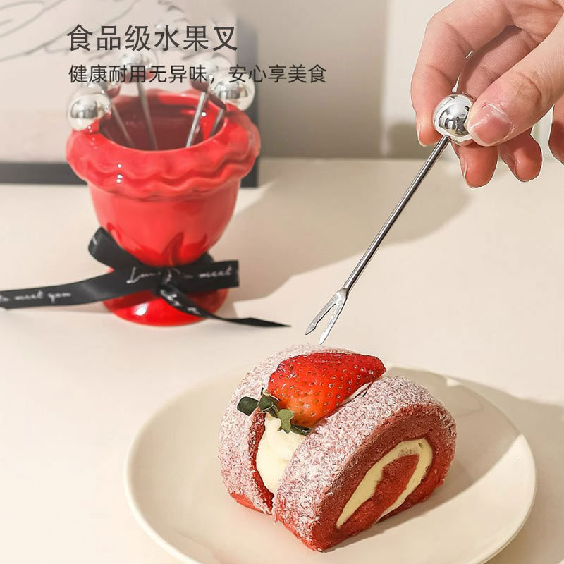 フルーツフォークセット高級感ケーキデザートステンレスフォーク家庭用軽贅沢陶磁器果物サイン収納缶|undefined