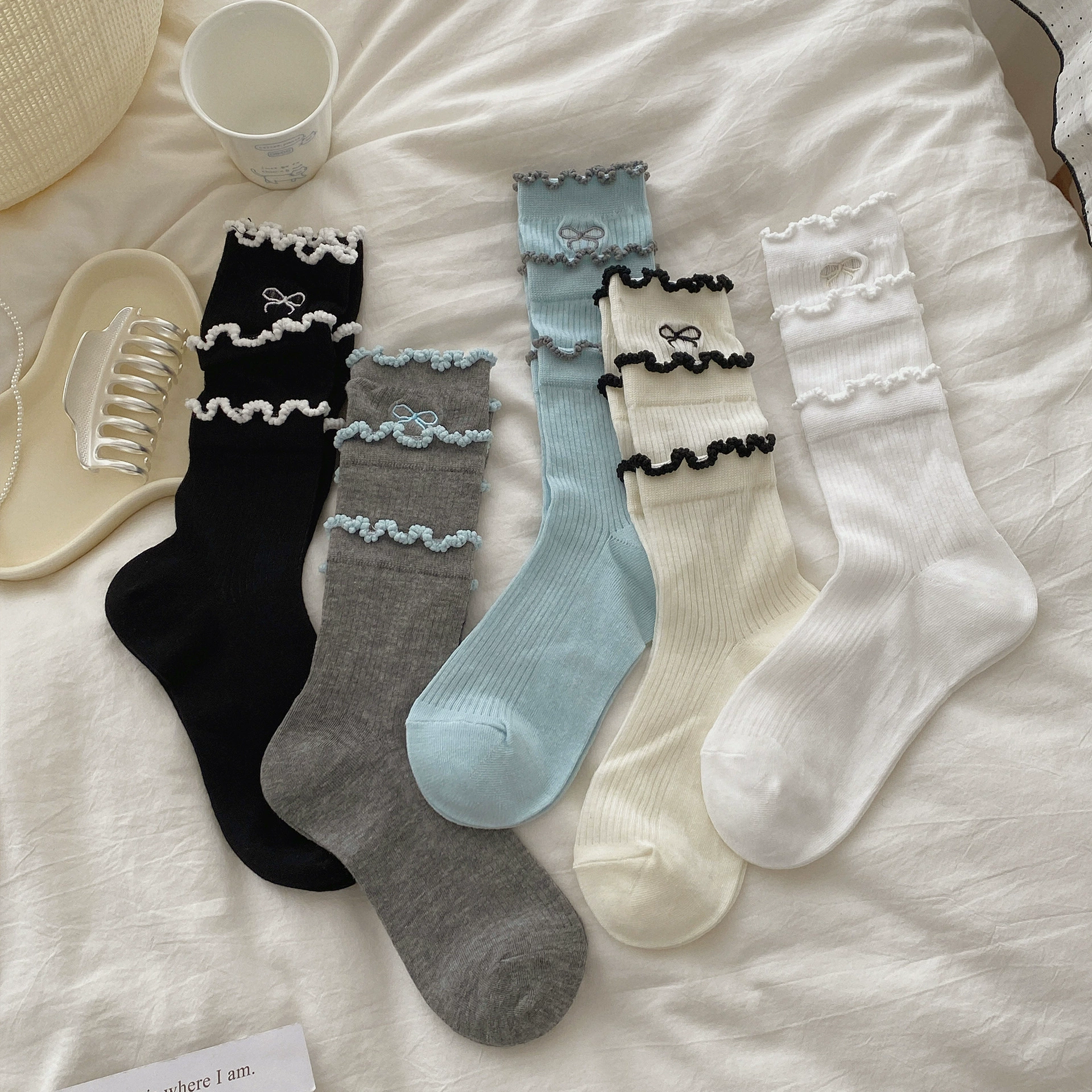 Breathable white summer thin knee socks, mid-length