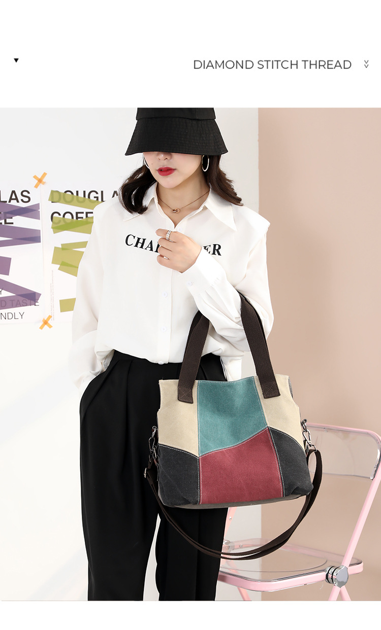 Sac pour femmes de mode simple sac en toile de couleur contrastée femme grande capacité rétro sac en tissu de couture de couleur contrastée nouveau sac à main à bandoulière_voghion.com