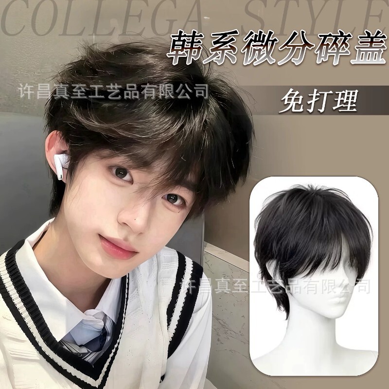 Men's wig with fine-parted layers, youthful and stylish short hair, low-maintenance bangs, realistic-looking hair, full headpiece for a boyish vibe Men's wig with fine-parted layers, youthful and stylish short hair, low-maintenance bangs, realistic-looking hair, full headpiece for a boyish vibe