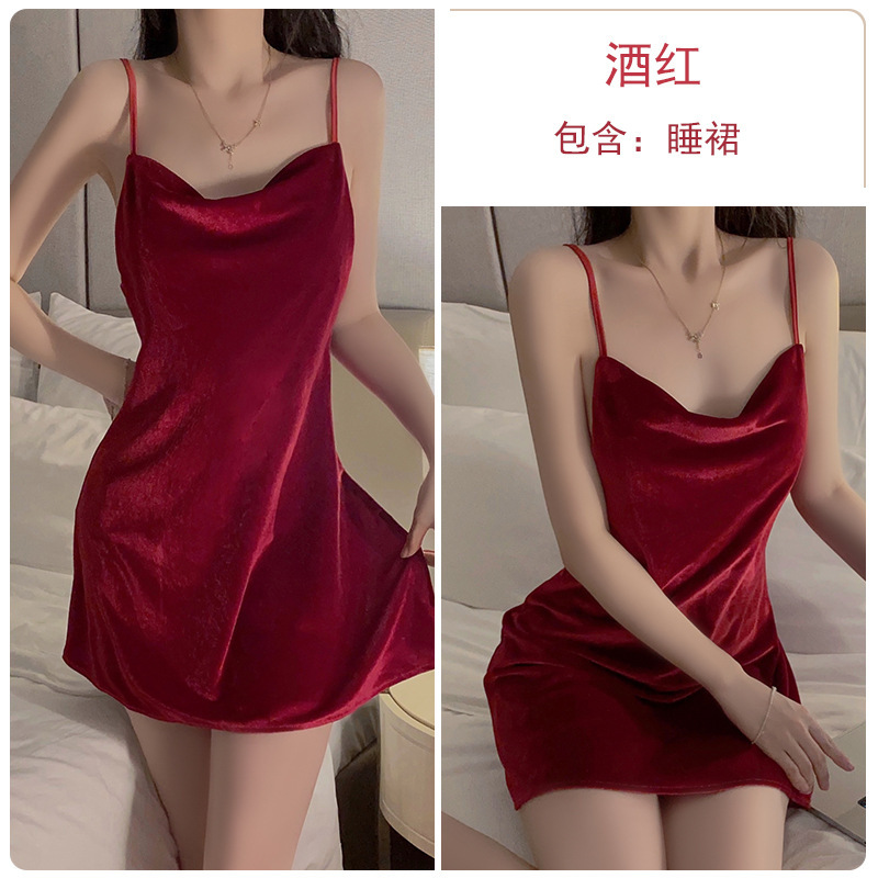 瑰若纯欲甜美丝绒睡衣激情火辣低胸荡领睡裙开襟外袍家居套装2821|undefined