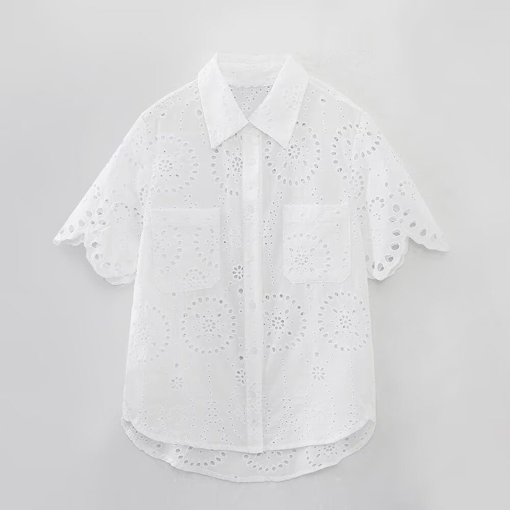 ZARW Self-made Casual Loose Hollow Embroidered Solid Color Top Shorts Set, European And American Style Summer New_ecoleips.com